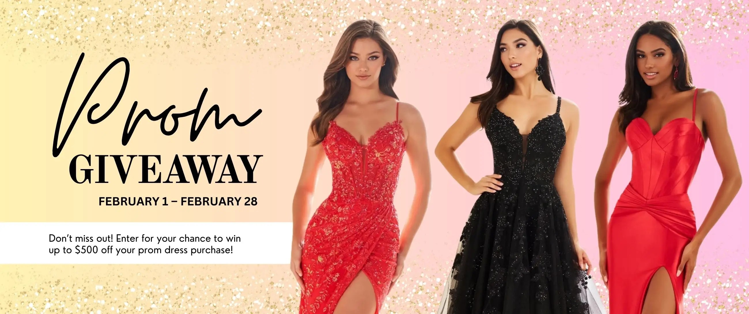 Bridal by Viper Prom giveaway promotion image with two women wearing red dresses and one woman wearing a black dress